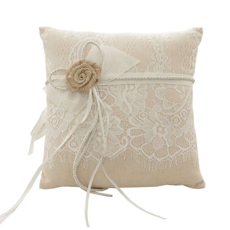 RIMOBUL Wedding Ring Pillow, Bearer Pillow Lace & Flower Ring Cushion for Beach Wedding Party Ceremony 8.2" x 8.2" - Ivory - Image 1